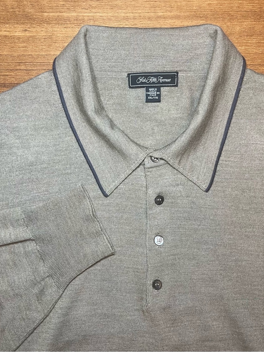 Saks Fifth Avenue Mens Wool Polo Sweater XXL Taupe Made in Italy Luxury Knit Top